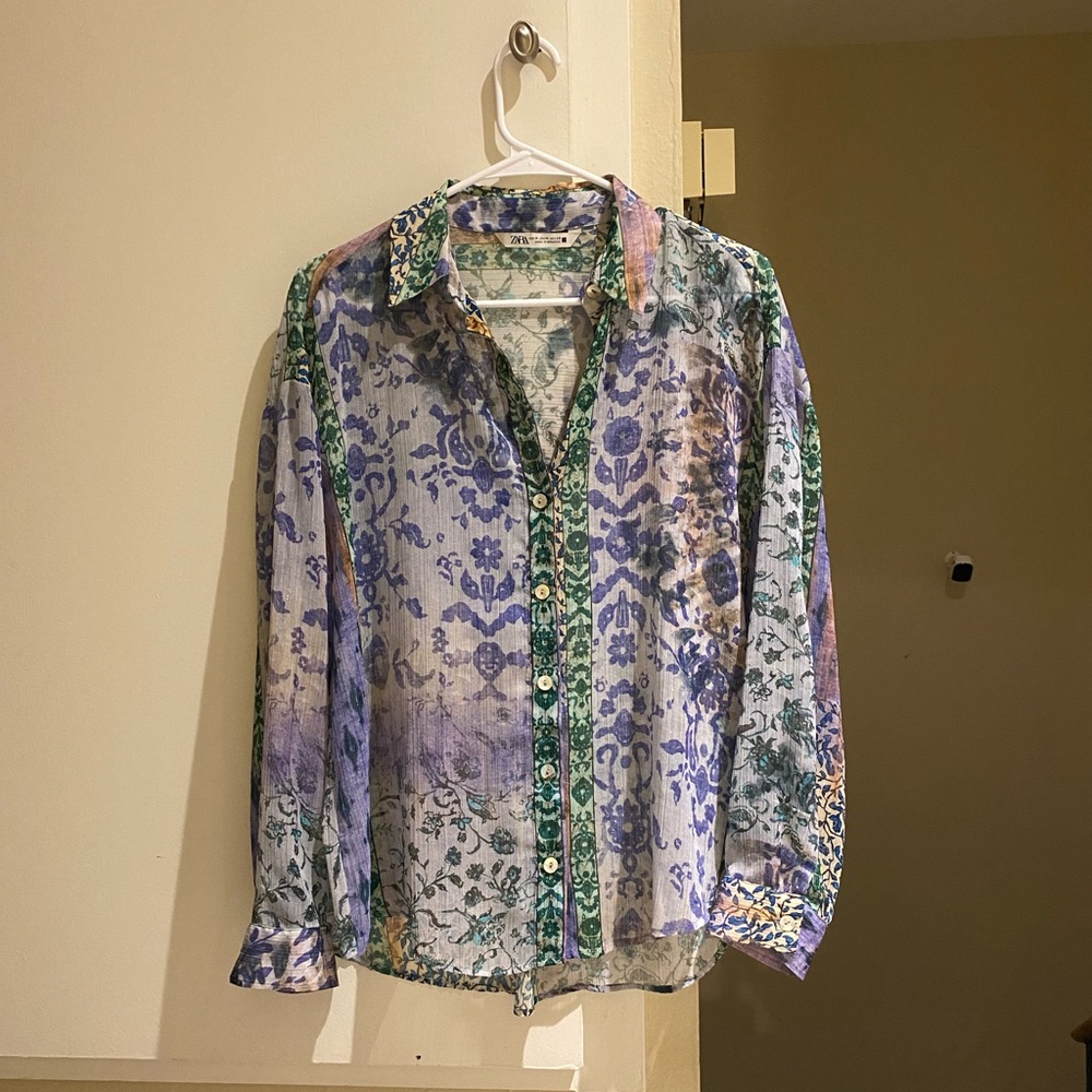 Zara Multicolor sheer Patterned button down blous… - image 3